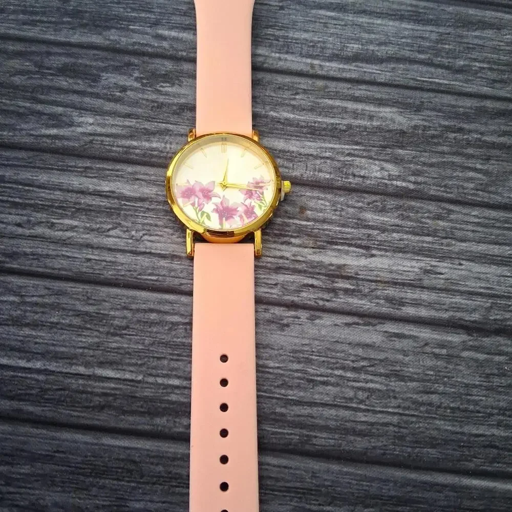 Silicone Band Floral Gold 35mm Gold & Pink Women's Watch